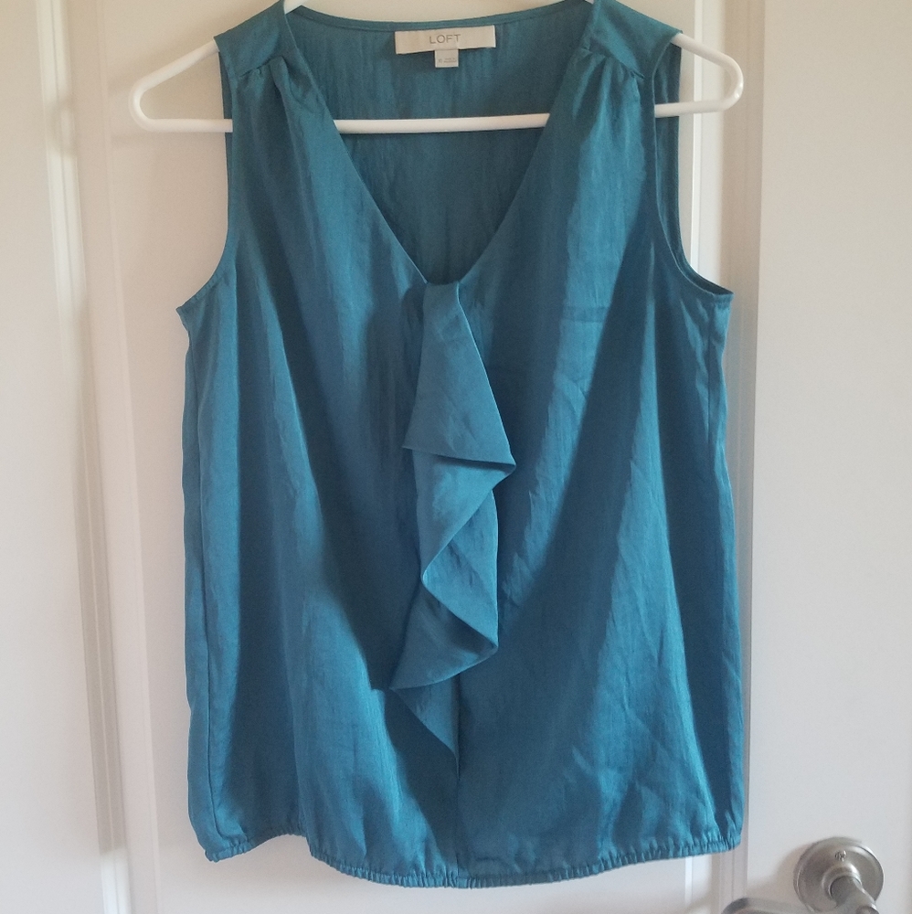 Loft Teal Sleeveless Top with Ruffle Front